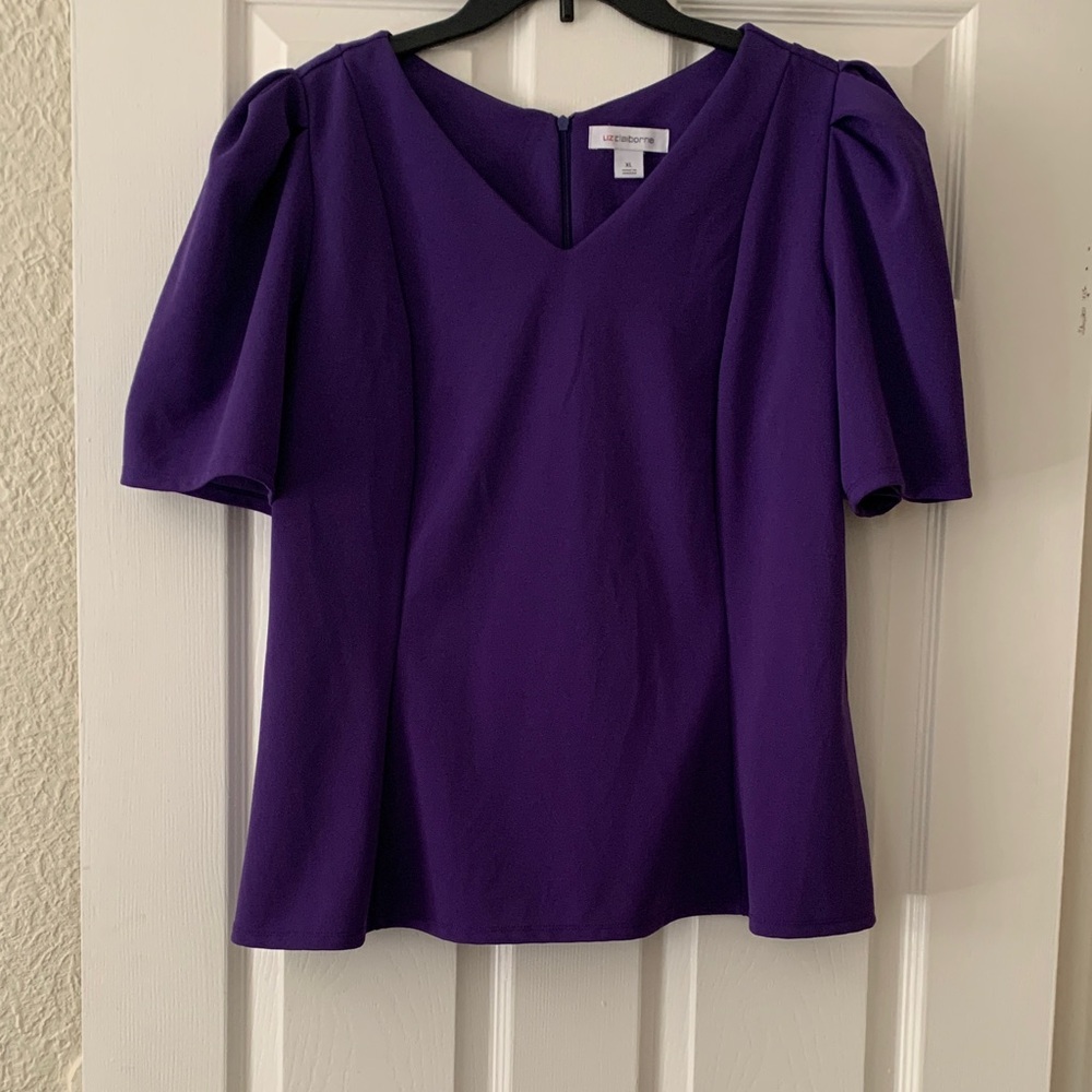 Liz Claiborne Deep Purple V-Neck Puff Sleeve Top